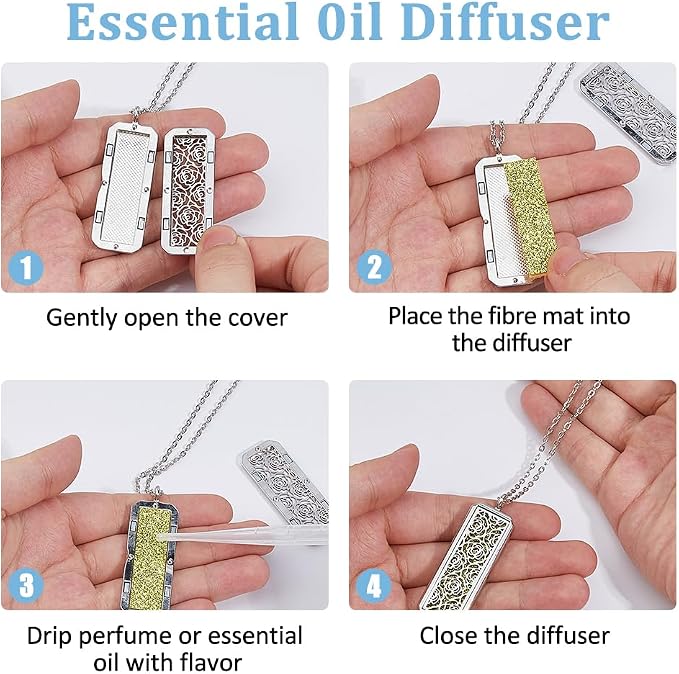 SUPERFINDINGS 2Styles Essential Oil Diffuser Necklace Keychain Stainless Steel Aromatherapy Rectangle Pendant with 20Pcs Perfume Pads Alloy Oil Diffuser Keychain for Christmas Birthday Gifts