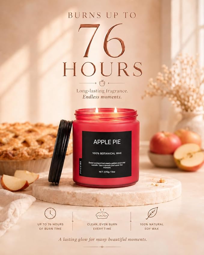 Apple Pie Home Scented Candles, 13oz Organic Soy Wax, 76-Hour Clean Burning, Natural Candles Non Toxic, Warm & Sweet Gourmand Scent for Relaxation, Aromatherapy Housewarming Candle for Men Women