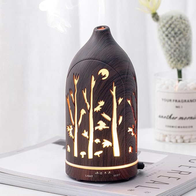 Essential Oil Diffuser,7.1''x3.5'' Air Diffusers with 3 Aromatherapy Oils Set,Small 200ml Humidifier with 7 LED Colors Lights,Waterless Auto-Off for Desk Office Home Decor Gift(Tree Dark Wood Grain)