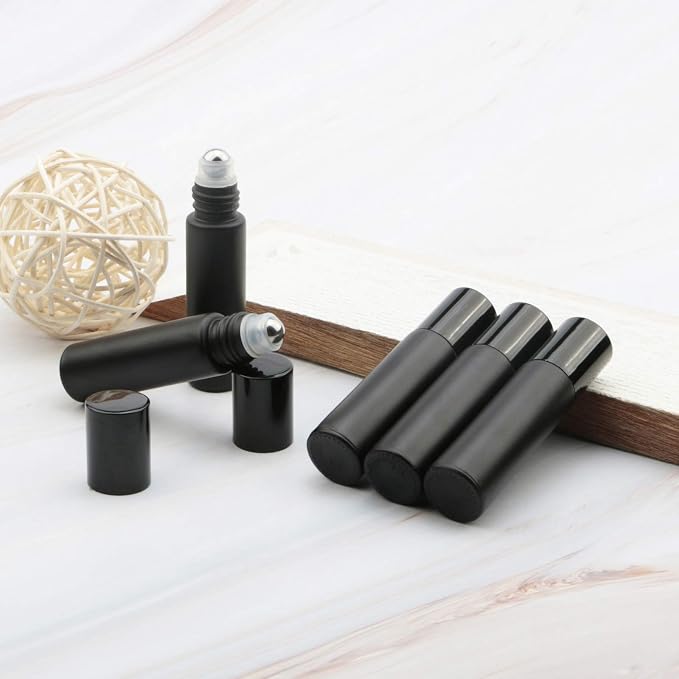 Glass Roller on Bottle, 10ml Refillable Essential Oil Bottle with Stianless Steel Ball, Pack of 10 (Black)