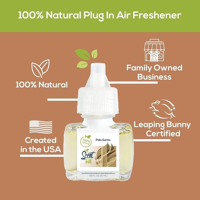 Scent Fill 100% Natural Palo Santo Plug in Air Freshener, Scented Oil Refills, 2 Refills + Diffuser