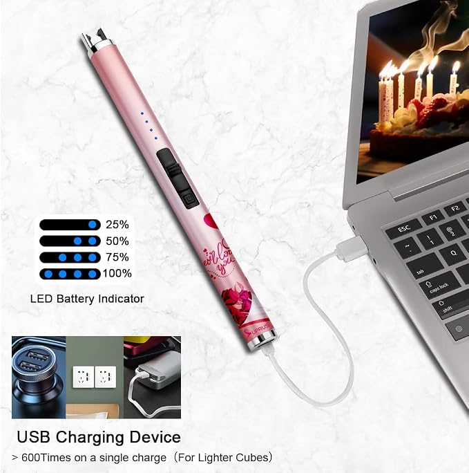 SUPRUS Candle Arc USB Type C Lighter Electric Lighter with Upgraded LED Battery Display Safety Switch Rechargeable Flameless Plasma Windproof Portable for Mother‘s Day (Pink)