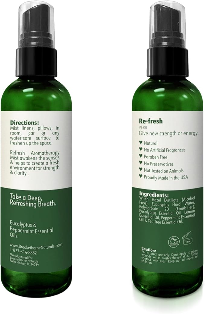 Refresh Aromatherapy Room Spray & Pillow Mist. Peppermint & Eucalyptus Essential Oil Spray, Linen Mist, Natural Car Air Freshener Bathroom Freshener & Closet Deodorizer by Brookethorne Naturals