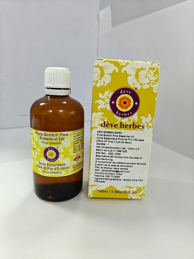 Deve Herbes Pure Scotch Pine Essential Oil (Pinus sylvestris) Steam Distilled with Glass Dropper (Pack of Three) 100ml X 3 (10 oz)