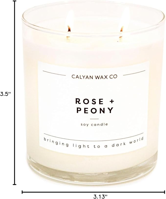 Calyan Wax Co. Rose & Peony 2 Wick Scented Candle - 37 Hour Burn - Luxury Clean Soy Wax Candles - Long Lasting Large Glass Jar Candle for Home - 8.8oz