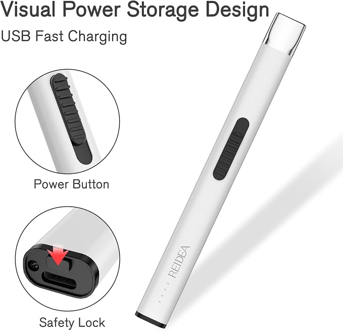 REIDEA Lighter Electronic, R1 Pro Windproof Flameless USB Rechargeable Arc Lighter with Safe Button and Power Indicator for Candle, BBQ, White