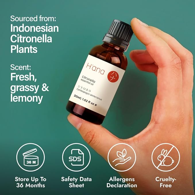 H'ana Citronella Oil - 1.02 Fl Oz Citronella Essential Oil for Hair, Skin, Diffuser, Aromatherapy & DIY