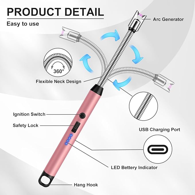 LcFun Candle Lighter with 360° Flexible Neck & Safety Lock, Windproof USB Rechargeable Electric Lighter, Flameless Arc Long Matches for Grill, BBQ, Camping, Fireplace, Stove