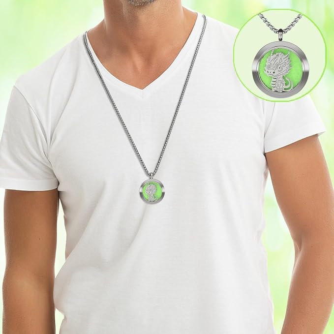 Dinosaur Aromatherapy Essential Oil Diffuser Necklace,Aromatherapy Diffuser Stainless Steel Pendant,for Men and Women,Portable,Suitable for Yoga,Meditation,Travel,Stress Relief Gift(Silver 30mm)