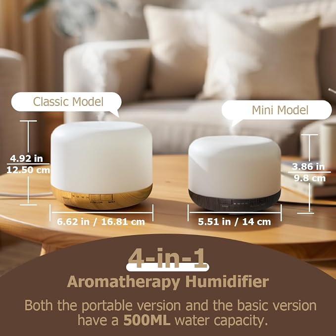 500ml Premium Essential Oil Diffuser,Quiet 4-in-1 Ultrasonic Aromatherapy Humidifier,7 Color LED Lights,with Adjustable Automatic Timer Off Function and Spray Mode. (White Woodgrain,Mini Model)