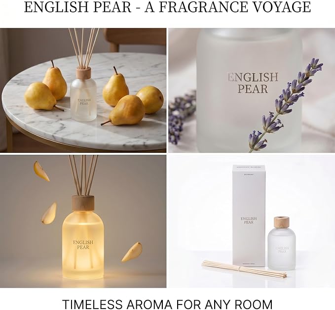 Reed Diffuser Set 6.7 oz Scented Oil Diffuser with 6 Fiber Sticks, Long Lasting Home Fragrance for Bathroom Shelf Decor, Living Room, Office Aromatherapy Gift 01 (English PEAR)