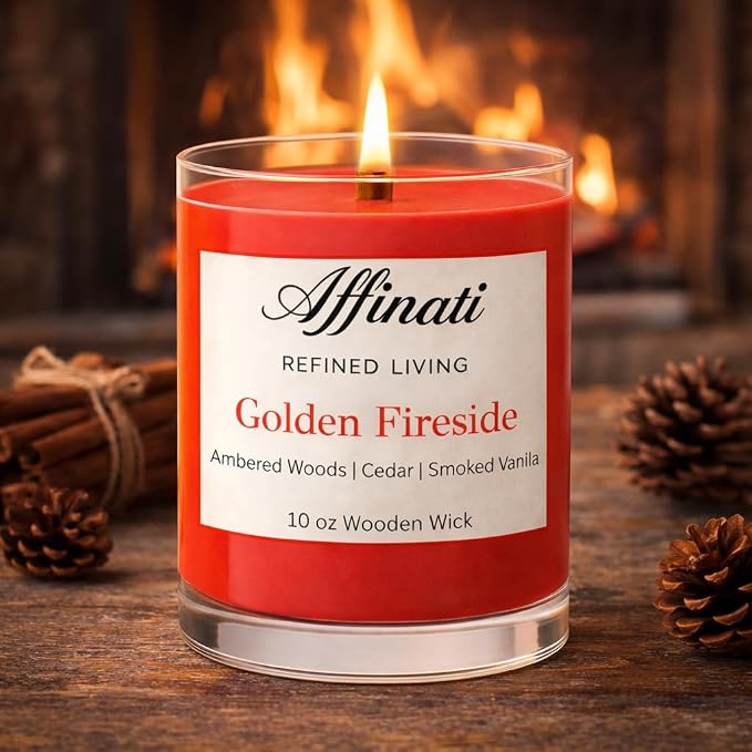Affinati Golden Fireside Scented Candle, 10 oz Wooden Wick Tumbler Jar – Highly Fragrant Warm Smoky Hearth Aromatherapy, Winter Soy Gift
