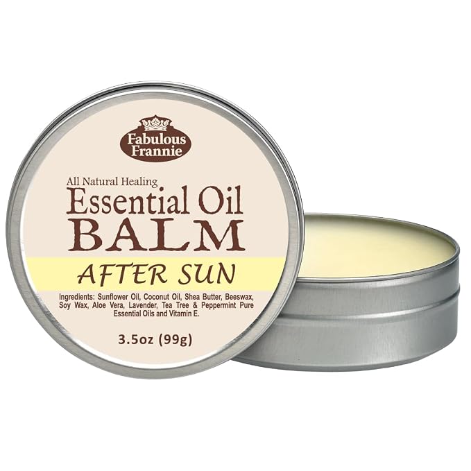 Fabulous Frannie After Sun All Natural Essential Oil Healing Balm made with Sunflower Oil, Coconut Oil, Shea Butter, Beeswax, Soy Wax, Aloe Vera and Pure Essential Oils 3.5oz Tin