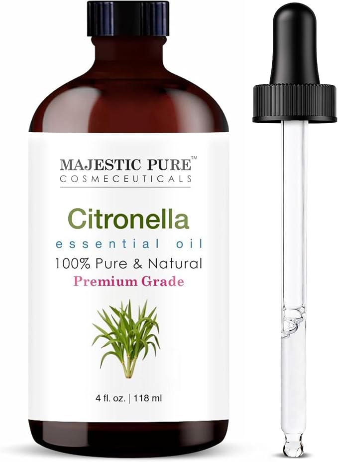 Majestic Pure Essential Oil with Glass Dropper - 100% Pure and Natural - Essential Oils for Diffuser, Aromatherapy, Soap and Candle Making, Citronella Essential Oil, Citronella Oil, 4 Fl Oz