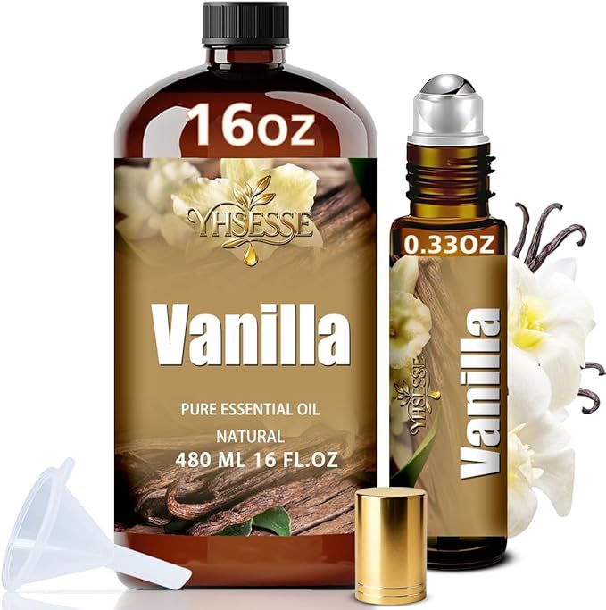 Vanilla Essential Oil, Vanilla Oil 16 Fl Oz 480ml for Diffuser Yoga Soap & Candle Making – with 0.33 Oz Roller Ball & Funnel YHSESSE Essential Oils
