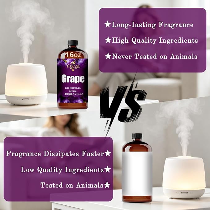 Grape Essential Oil, Grape Oil 16 Fl Oz 480ml for Diffuser Yoga Soap & Candle Making – with 0.33 Oz Roller Ball & Funnel YHSESSE Essential Oils