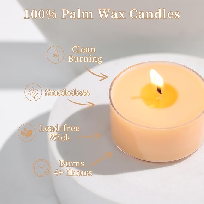 Scented Tea Lights Candles, Citrus Sunburst, 16 Pack – Vibrant Orange Scented Tealight Candles – 100% Palm Wax, 6 Hour Burn Aromatherapy Tea Light Votive Candle for Holiday Gatherings, Festive Decor