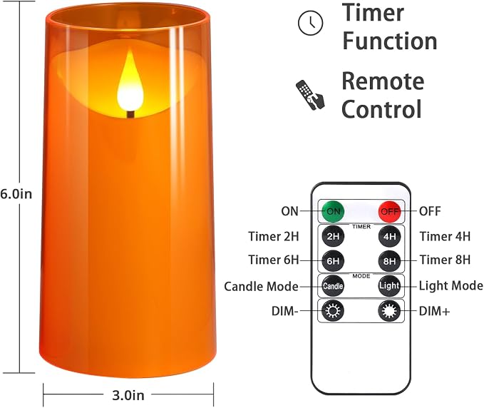 NURADA Flameless Candles with Remote and Timer - 3D Wick Unbreakable Acrylic Battery Operated LED Pillar Battery Candles for Fall Thanksgiving Dinner Tables Wedding Party Home Decor - Orange 2 Pack