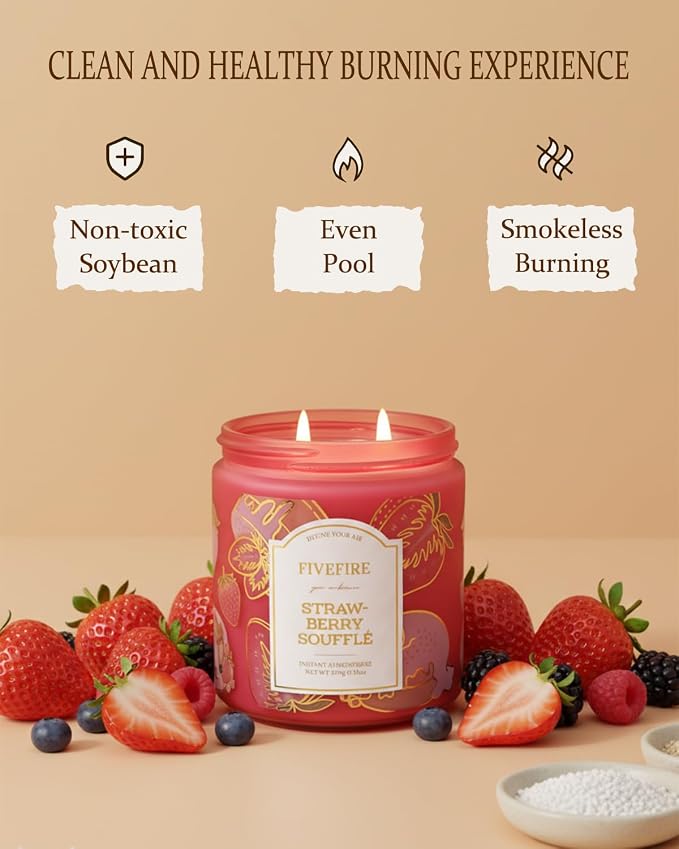 Strawberry Souffle Scented Candles for Living Room, 13oz Natural Soy Wax 2-Wick Jar, Up to 76-Hour Clean Burn, Sweet Creamy Bakery Home Fragrance, Gift for Women Men