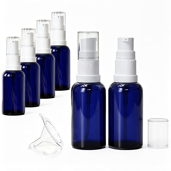 6 Pack Empty Travel Refillable Glass Pump Bottles Dispener 30ml/1oz, Blue Small Cosmetic Containers for Lotion,Cream,Essential Oil,Shampoo,Sercums (30ml Blue 6pcs)