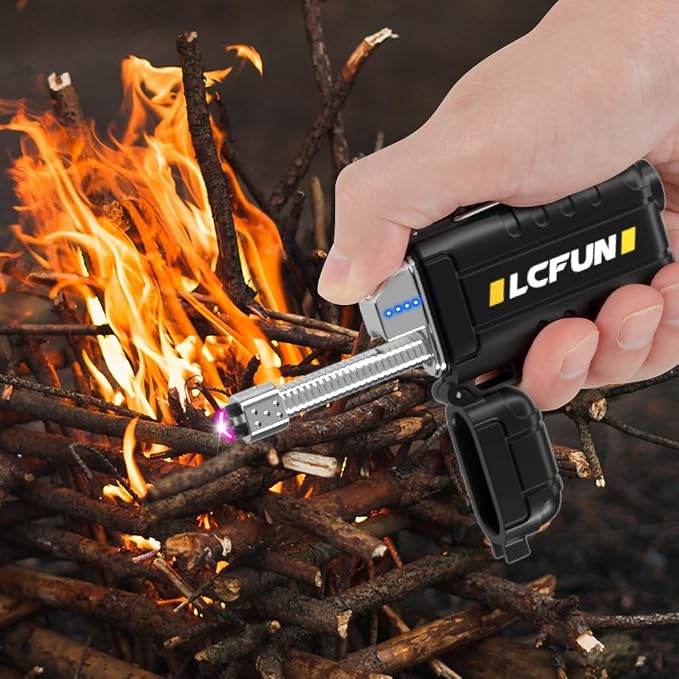 LcFun USB C Rechargeable Electric Lighter, Waterproof Plasma Lighters with LED Battery Display, Windproof Long Arc Lighters for Candle, Camping, Hiking, Outdoor Survival Gadgets for Men