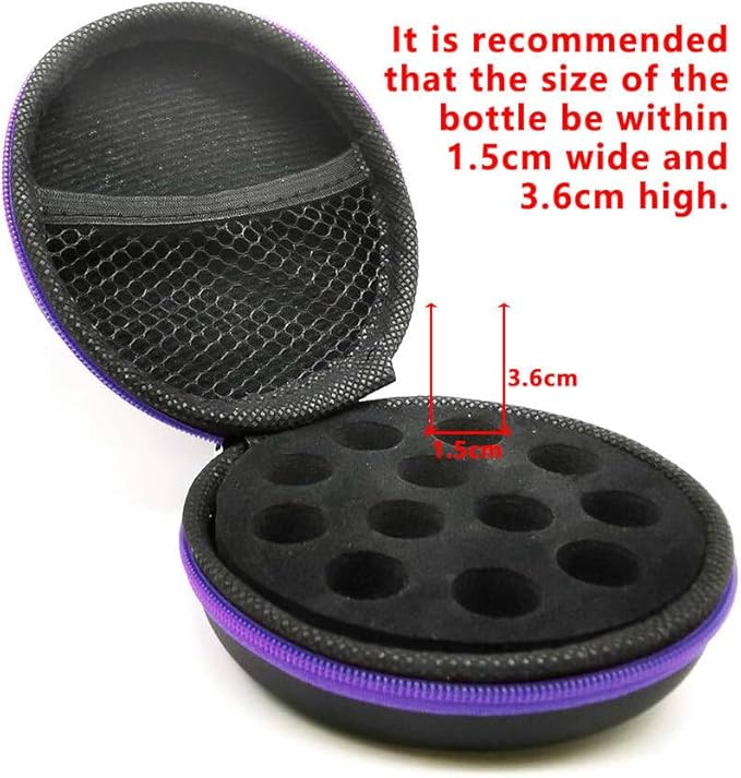 Glass Bottle Bundle Essential Oils Case Hard Round Carrying Case Storage Bag for 1ML 2ML Roller Bottles Oil Vial Bottles (12 Holes Purple)