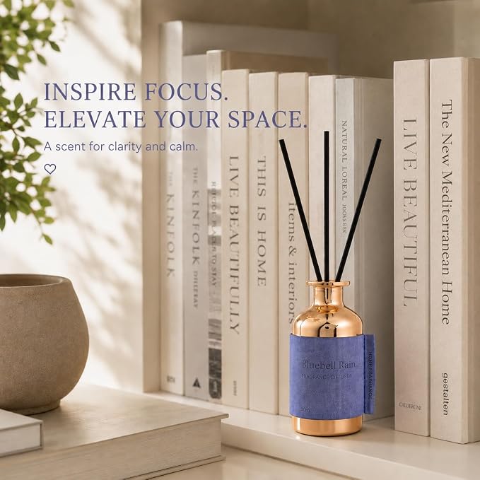Reed Diffuser for Home, Bluebell Rain / 2.7oz / Long Lasting Floral Fragrance Oil with Reed Sticks – Air Freshener for Bathroom, Office, Closet, Fresh Dewy Aquatic Scent