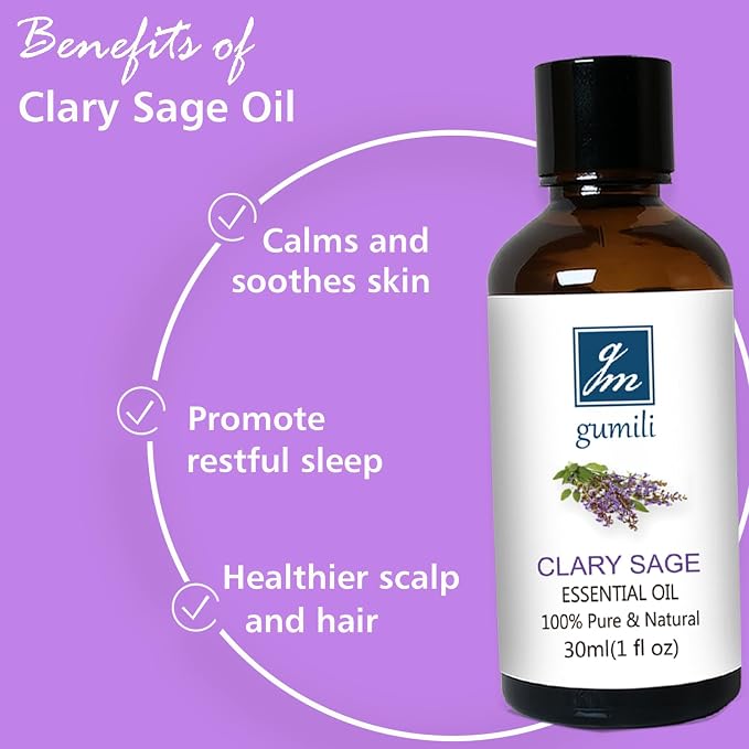 GM Gumili Clary Sage Essential Oil 1 oz-100% Pure & Undiluted Clary Sage Oil for Diffuser, Skin, Massage, DIY