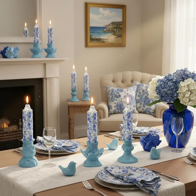 5 inch Short Blue Candle Floral Candle Sticks Printed Candlestick Handmade Unscented Taper Candle 4 Pack Flower Tapered Candles for Blue Home Dinner Wedding Holiday