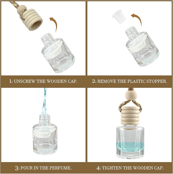 4Pcs Hanging Car Air Freshener, Empty Glass Perfume Bottle Pendant with Wooden Cap, Refillable Drift Freshener Diffuser for Essential Oils - Car Accessories for Women Men-Cylindrical