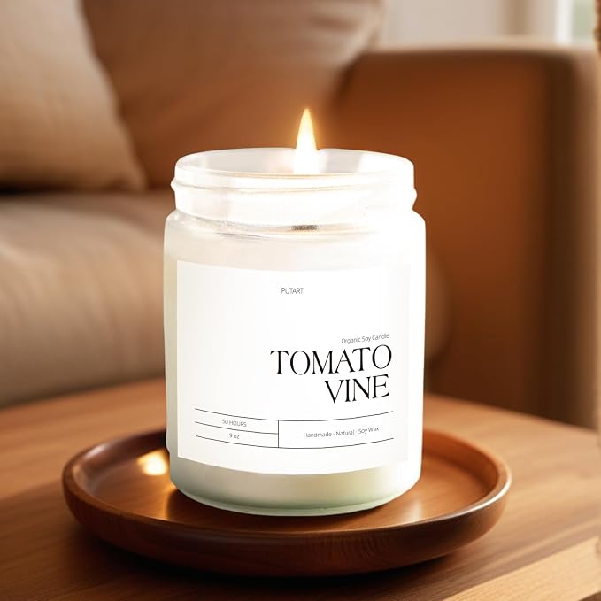 Tomato Vine Candles for Home Scented, Natural Soy Wax Aromatherapy Non Toxic Heavy Scented Candle with Essential Oil, Home Fragrance Stress Relief Jar Candles Gifts for Women & Men 9oz