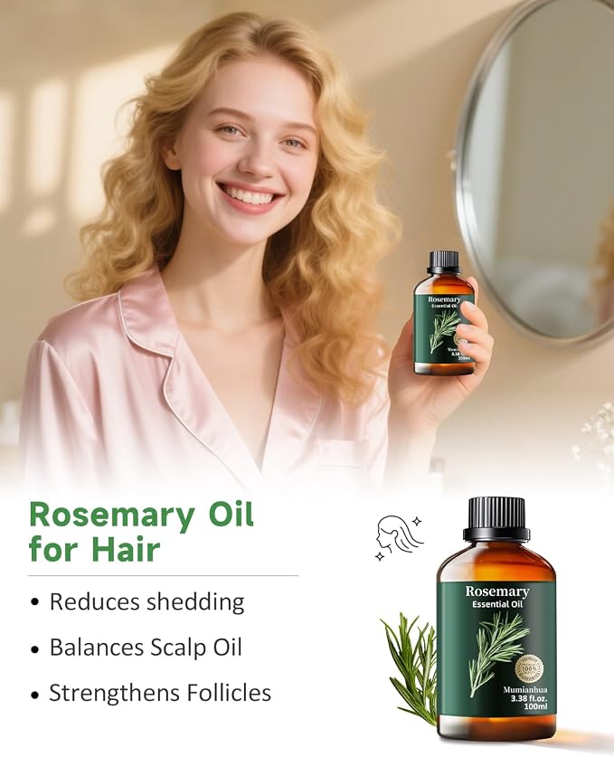 Rosemary Essential Oil, Mumianhua Pure Steam‑Distilled Oil for Scalp Revitalization & Hair Strength, Natural Focus for Diffuser, DIY Cleaning, Skin Care – 3.38 Fl Oz