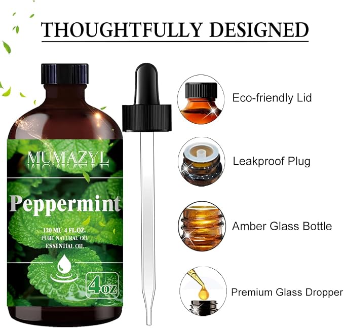 Peppermint Essential Oil, Peppermint Oil 4 Fl Oz 120ML for Diffuser Humidifier Yoga Cleaning DIY Candle Soap Making MUMAZYL Essential Oils