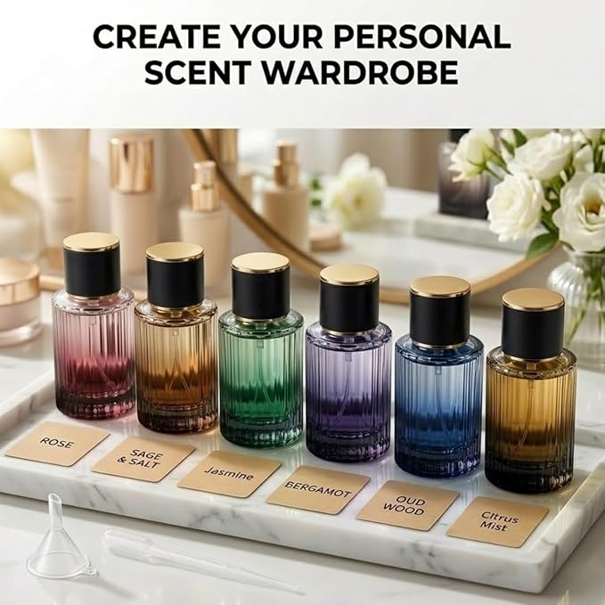 Empty Perfume Spray Bottles Set, Ribbed Glass Atomizer Refillable Portable Glass Atomizers with Funnel and Dropper, Fine Mist Spray for Women Men Dispenser Fragrance Container Set (2Pcs, Black)