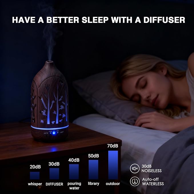 Essential Oil Diffuser,7.1''x3.5'' Air Diffusers with 3 Aromatherapy Oils Set,Small 200ml Humidifier with 7 LED Colors Lights,Waterless Auto-Off for Desk Office Home Decor Gift(Tree Dark Wood Grain)