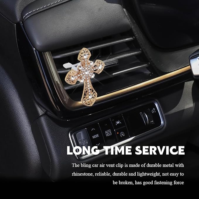 Bling Car Air Vent Clip, Crystal Cross Car Air Fresheners, Rhinestone Vehicle Air Conditioner Outlet Diffuser Vent Clip, Bling Car Interior Accessories Fit for Women and Man (Gold, Style 1)