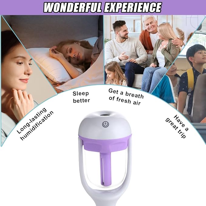 Car Humidifier, Portable Mini Aromatherapy Essential Oil Diffuser, 180-Degree Rotation Cool Mist Humidifier, Vehicle Air Freshener Diffuser with 12V Charging Port for Home Office (Purple)