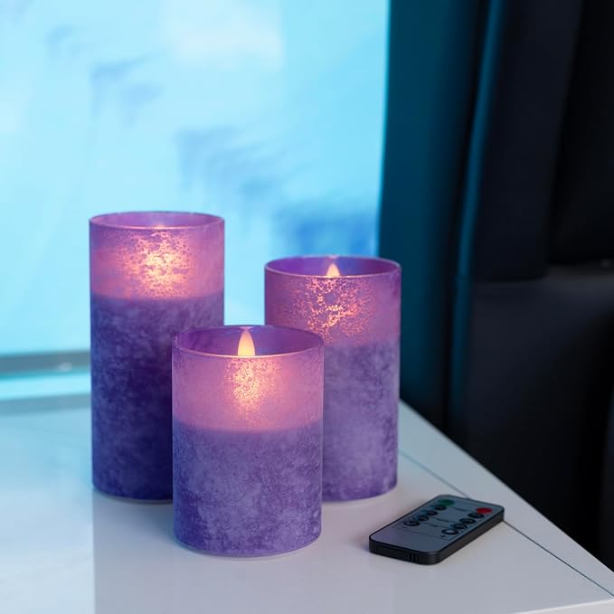 ANGELLOONG Purple LED Candles for Home Decor, Glass Flameless Candles with Remote, Set of 3 Battery Operated Pillar Candle for Fall Halloween Decoration
