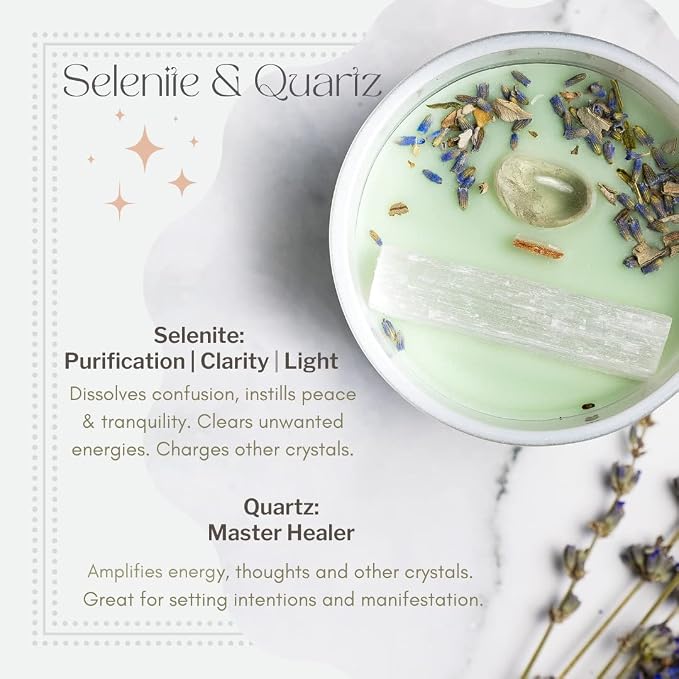Sage Candles for Cleansing – White Sage Smudge Wood Wick Candles that Crackle with Selenite Crystal & Quartz for Home Rituals & Manifestation