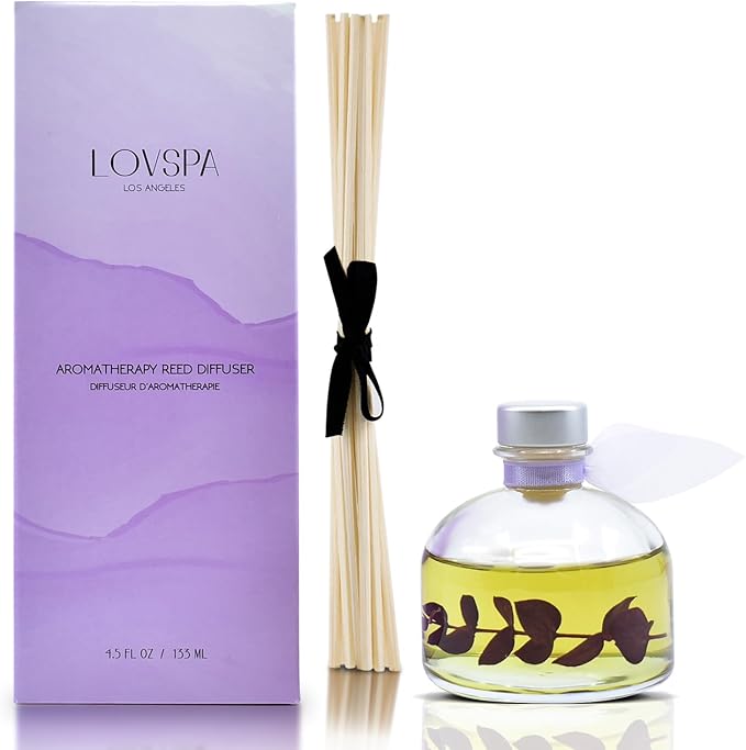 Reed Diffuser Set, DE-Stress Lavender Eucalyptus Scented Oil Diffuser with Sticks, Home Fragrance Accessories for Bathroom Shelf Decor, Aroma Diffusers for Home or Office Desk, USA Made