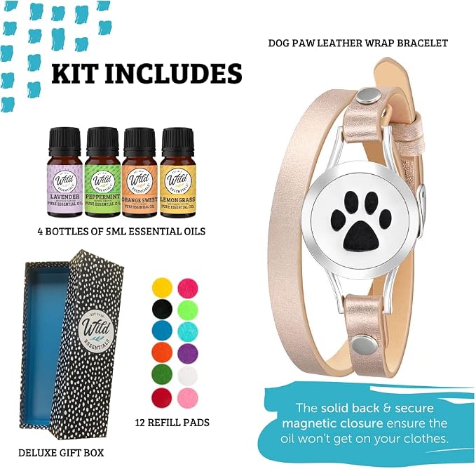 Wild Essentials Dog Paw Essential Oil Leather Wrap Bracelet Diffuser Kit, Gift Set, Lavender, Lemongrass, Peppermint, Orange Oils, 12 Pads, Customizable Color Changing Perfume Jewelry, Aromatherapy
