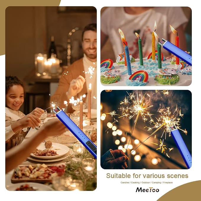 MeeToo Electric Candle Lighter Rechargeable Type-C - Gifts for Wife Men Women Nana, USB Plasma Arc Windproof Lighters for Candle Christmas Camping Kitchen Dark Blue