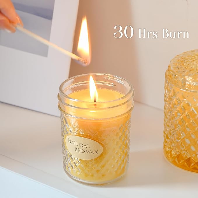 DEYBBY 5oz Beeswax Jar Candle - Natural Beeswax Candle Gift, 26-30 Hrs Burn - Handpour Bees Wax Candle for Home Decor Bath Relaxation Housewarming Gift with Natural Scent