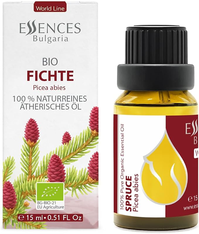 Essences Bulgaria Organic Spruce Essential Oil 0.51 Fl Oz | 15ml | Picea Abies | 100% Pure | Natural | Undiluted | Therapeutic Grade | Aromatherapy | Cosmetics | Cruelty Free | Non-GMO | Vegan