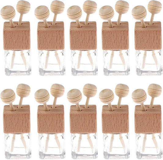 10 Pack,8ml Clear Glass Car Air Freshener Perfume Clip Diffuser,Empty Essential Oil Perfume Vials Diffuser Vent Outlet,Thick Glass Ornament With Wooden Caps,FREE Funnel,Dropper