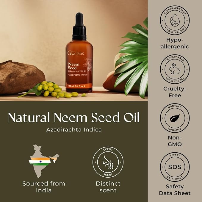 Gya Labs USDA Organic Neem Oil - 3.4 Fl Oz - Carrier Oil for Hair, Skin, Face, Scalp & Body Massage