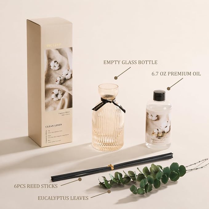 Airkeep Reed Diffuser Set 6.76 oz – Clean Linen Decorative Home Fragrance with Eucalyptus Sticks, Ribbed Glass Diffuser for Bathroom & Bedroom Décor, Gift Ready