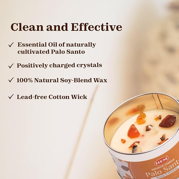 HEM Palo Santo Smudge Candle 3.2 oz Natural Soy Wax Candle with Real Crystals Inside | Long-Lasting 20 Hour Clean Burn | Home Cleansing, Meditation & Energy Purification