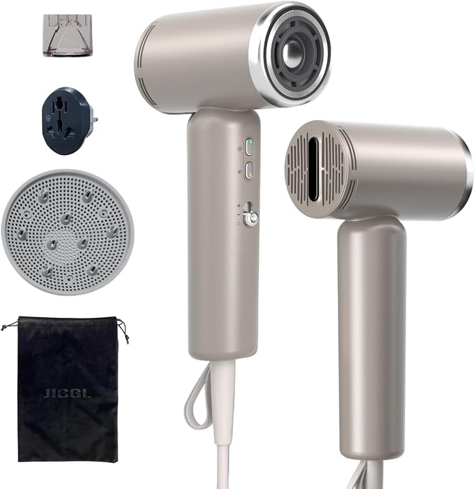 JIGGL High-Speed Dual-Voltage Mini Travel Hair Dryer with Magnetic Diffuser | As Small as a Phone,Negative Ionic,100-240V,Lightweight,Quiet,,European Plug Adapter,Curly Hair,International Travellers
