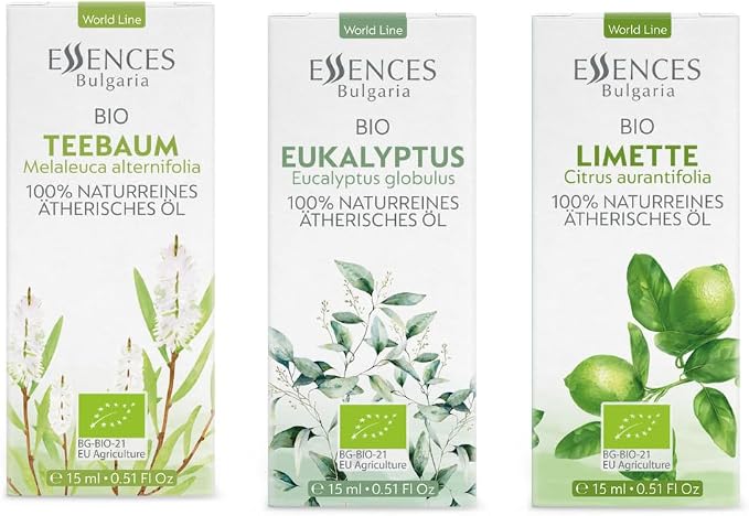 Set Morning Energy Organic Essential Oils | 1.52 Fl Oz | Lime + Tea Tree + Eucalyptus | 100% Pure and Natural | Undiluted | Therapeutic Grade | Non-GMO | (3 pcs x 15 ml)